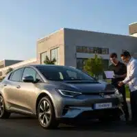 1-Photographie réaliste d’un prototype de voiture électrique Chery en phase de test sur une route moderne, par temps clair, illustrant l’innovation dans les batteries solides. La voiture est stationnée près d’un centre de recherche automobile contemporain, avec des ingénieurs observant des écrans de mesure ou inspectant le véhicule. Décor urbain technologique mais réaliste, pas de logo visible. L’accent est mis sur la crédibilité scientifique et la transition énergétique. Lumière naturelle de fin de matinée, angle légèrement en contre-plongée, profondeur de champ marquée sur le véhicule et les visages des ingénieurs, style photo éditorial de presse automobile.