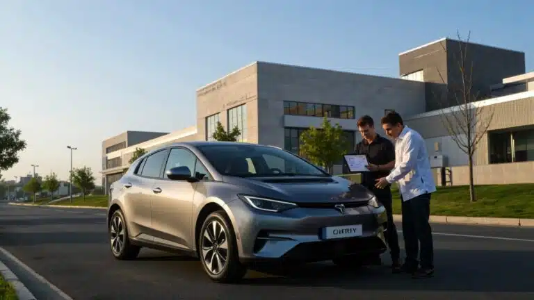 1-Photographie réaliste d’un prototype de voiture électrique Chery en phase de test sur une route moderne, par temps clair, illustrant l’innovation dans les batteries solides. La voiture est stationnée près d’un centre de recherche automobile contemporain, avec des ingénieurs observant des écrans de mesure ou inspectant le véhicule. Décor urbain technologique mais réaliste, pas de logo visible. L’accent est mis sur la crédibilité scientifique et la transition énergétique. Lumière naturelle de fin de matinée, angle légèrement en contre-plongée, profondeur de champ marquée sur le véhicule et les visages des ingénieurs, style photo éditorial de presse automobile.