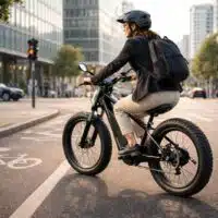 Une femme se rend au travail en speed bike électrique à grosses roues, circulant sur une piste cyclable en milieu urbain.