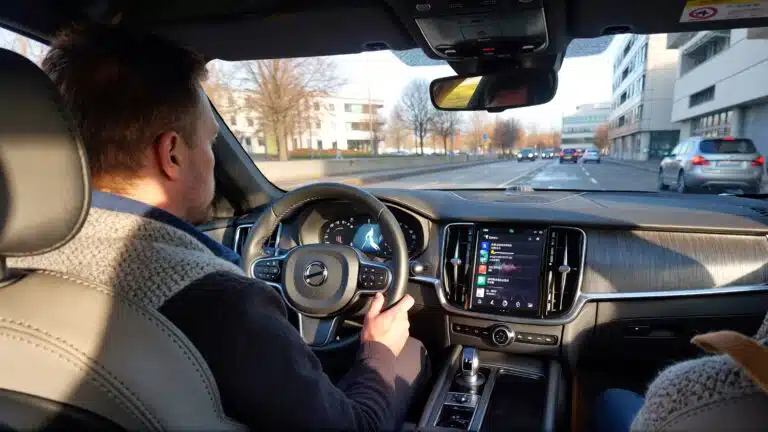 Intérieur d’une voiture Volvo en circulation, avec système d’infodivertissement compatible Apple CarPlay affiché sur l’écran central.