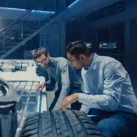 Ingénieurs analysant des composants automobiles et des batteries dans un centre de recherche technologique.