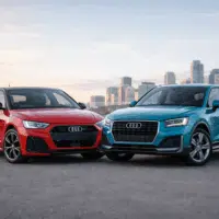 Audi A1 et Audi Q2 photographiées côte à côte dans un environnement urbain moderne, illustrant la fin programmée des citadines et SUV compacts thermiques dans la gamme Audi et le recentrage stratégique de la marque vers l’électrification.