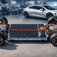 Châssis de véhicule électrique montrant une batterie plate intégrée au plancher et des moteurs électriques à l’avant et à l’arrière