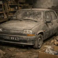 Renault 5 des années 1980 retrouvée dans une grange, recouverte de poussière après plus de quarante ans sans rouler.