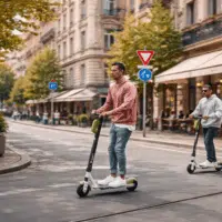 Deux usagers circulant à trottinette électrique dans une rue urbaine européenne animée, illustrant les nouveaux enjeux de sécurité et de réglementation des mobilités légères en ville.