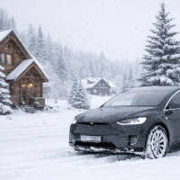 Tesla Model 3 stationnée en extérieur sous la neige après une nuit à -36 °C, illustrant l’impact du froid extrême sur une voiture électrique.