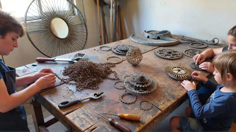 Atelier de création où adultes et enfants transforment des pièces de vélo recyclées en objets décoratifs et utilitaires.