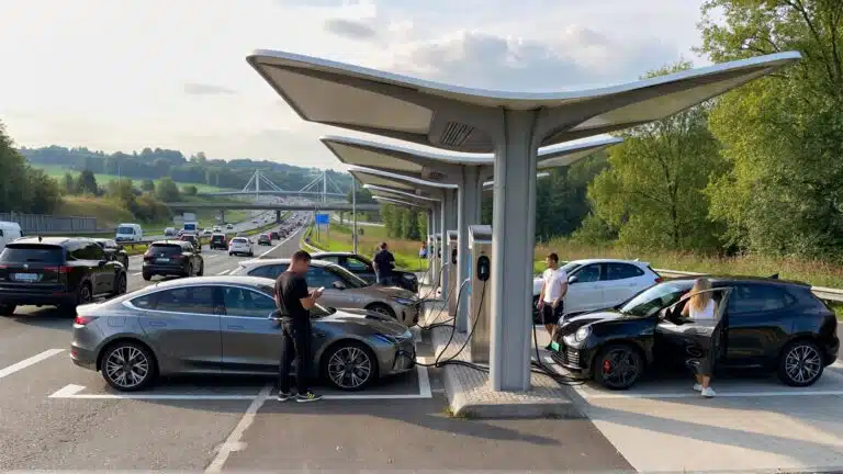 Station de recharge rapide Fastned sur autoroute européenne, avec plusieurs voitures électriques en charge simultanée, illustrant le développement des infrastructures pour accompagner la mobilité électrique.