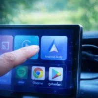 Écran Android Auto dans une voiture avec effet lumière froide et arrière-plan naturel flouté