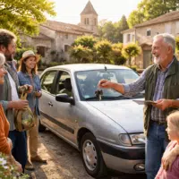 habitants partageant une voiture dans un village rural