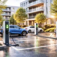 bornes de recharge voiture électrique dans parking extérieur de copropriété moderne