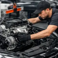 mécanicien installant un moteur reconditionné dans une voiture