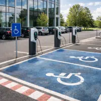 parking entreprise avec bornes électriques et places PMR