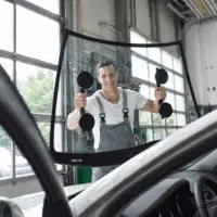 Technicien automobile en train de remplacer le pare-brise d’une voiture dans un garage.