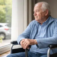 senior en fauteuil roulant regardant dehors perte autonomie voiture leasing