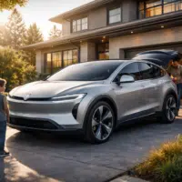 SUV électrique Tesla familial devant une maison avec une famille