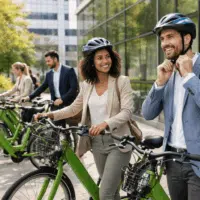 collaborateurs en entreprise utilisant des vélos électriques devant des bureaux