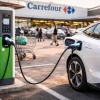 Voiture électrique en charge sur borne dans un parking de supermarché
