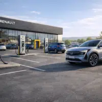 Bornes de recharge rapide installées dans une concession Renault avec véhicules électriques en charge