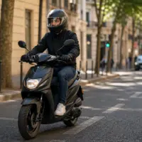 Conducteur de scooter 50cc en ville avec équipement de sécurité