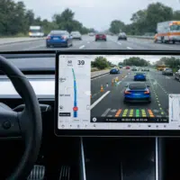 Interface Tesla Full Self-Driving affichée sur écran avec visualisation du trafic en temps réel