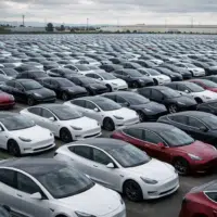 tesla voitures stockees parking surplus production