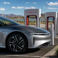 voiture électrique en recharge sur une station rapide Tesla