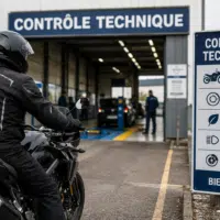 motard devant un centre de contrôle technique en Europe