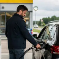 Automobiliste faisant le plein dans une station-service, aide carburant grands rouleurs