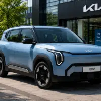 Kia EV2 électrique devant une concession automobile