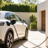 Voiture électrique en recharge à domicile sous forte chaleur estivale