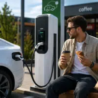 conducteur de voiture électrique attendant pendant une recharge