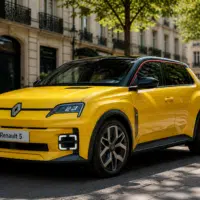 Renault 5 électrique jaune stationnée en ville avec plaque personnalisée