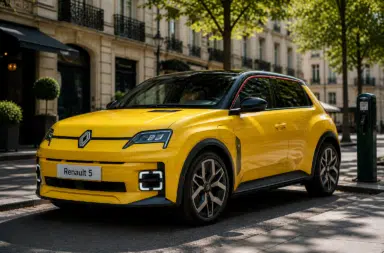 Renault 5 électrique jaune stationnée en ville avec plaque personnalisée