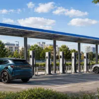 Station de recharge rapide avec plusieurs voitures électriques en cours de recharge