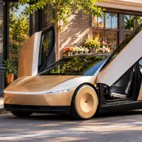Tesla Cybercab vue de trois-quarts, robotaxi autonome à deux places
