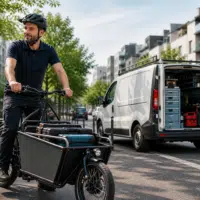 artisan utilisant un vélo cargo avec un utilitaire en arrière-plan en ville