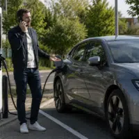 Conducteur utilisant un assistant vocal IA à une borne de recharge électrique
