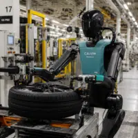Robot humanoïde manipulant un pneu sur une chaîne de montage Renault