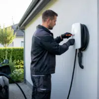 Technicien certifié IRVE installant une borne de recharge sur le mur d'une maison
