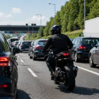 Moto circulant en interfile entre deux files de voitures sur une voie rapide