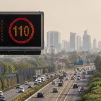 Panneau de limitation de vitesse abaissée sur autoroute lors d'un pic de pollution