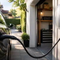 Voiture électrique en charge sur une borne murale à domicile dans un garage