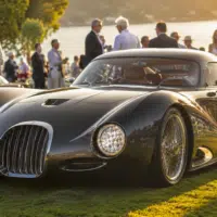 Voiture de sport de luxe au design extravagant exposée lors d'un concours d'élégance