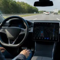 Conducteur mains libres dans une voiture électrique avec système de conduite autonome activé
