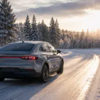 Voiture électrique circulant sur une route enneigée de Finlande