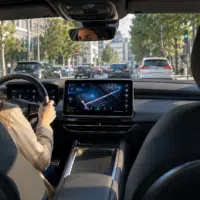 Habitacle de voiture électrique avec écran central, polémique sur le Full Self-Driving