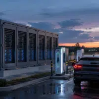 Modules de datacenter installés près d'une station de recharge électrique