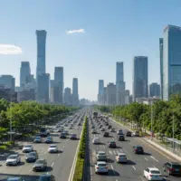 Trafic dense de voitures électriques dans une grande ville chinoise sous un ciel clair