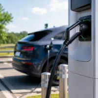 Voiture électrique sur une aire de recharge autoroutière en été